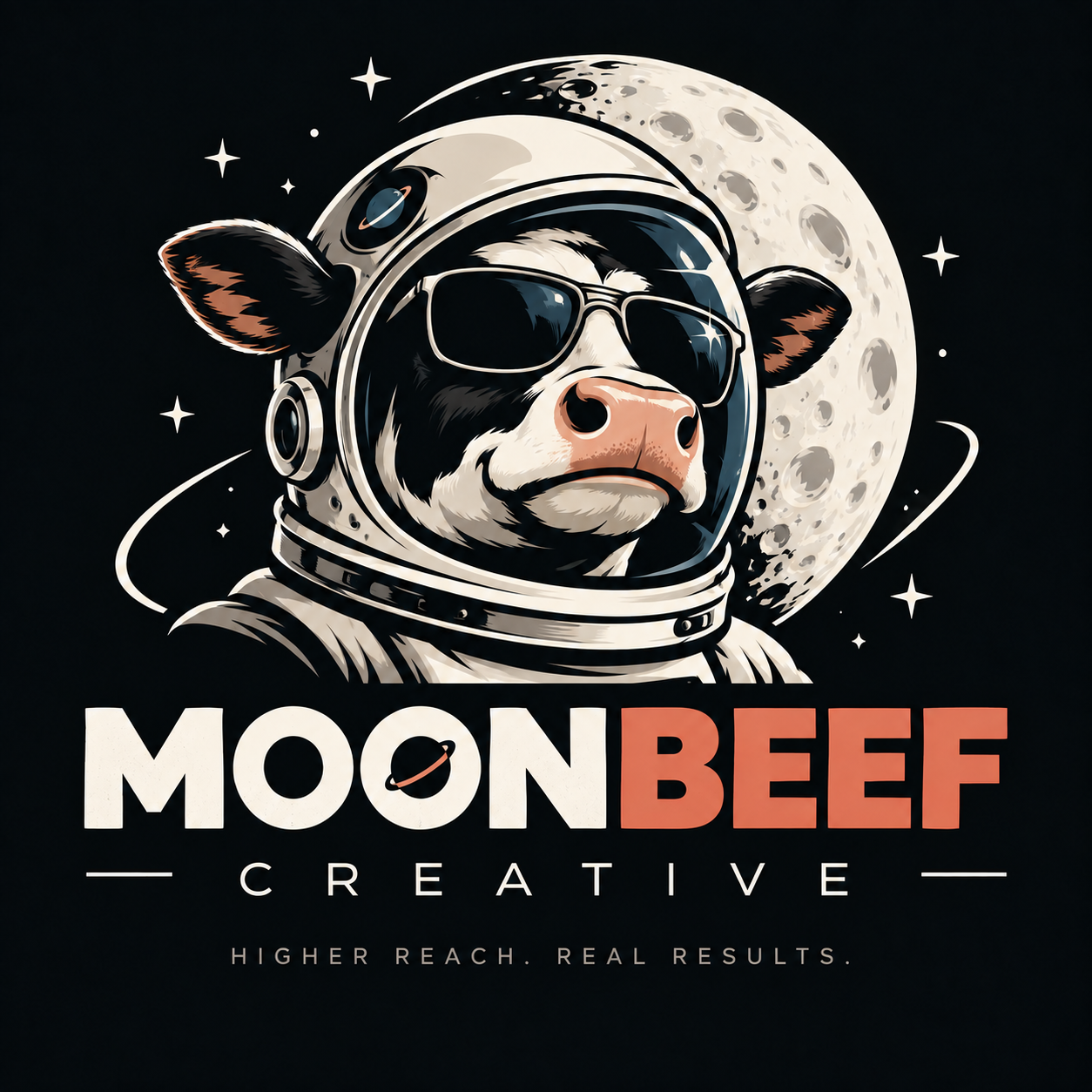 Moonbeef Creative logo: an astronaut cow in sunglasses in front of the moon